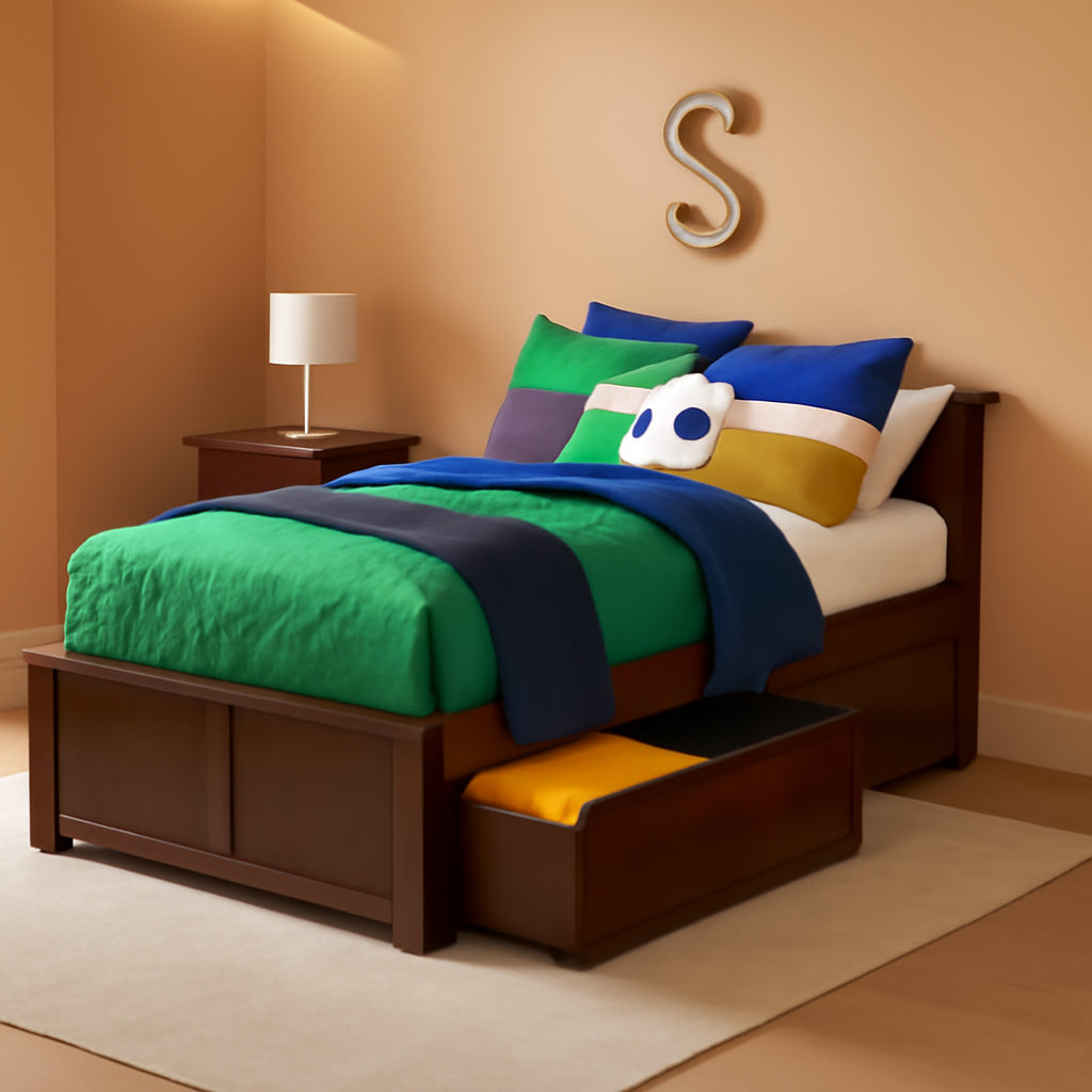 Twin XL Platform Bed With Authentic Walnut Finish Drawers