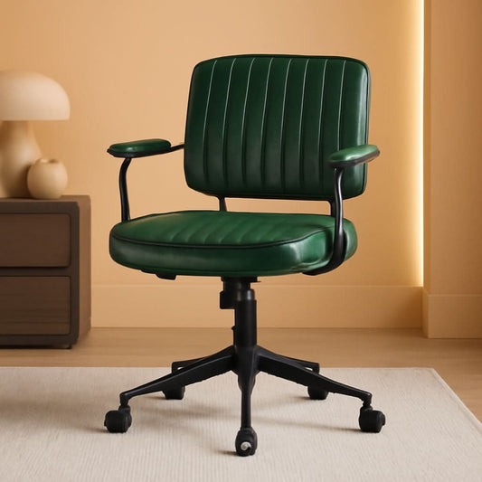 Green Leather Mid Century Office Chair With Wheels And Arms-0