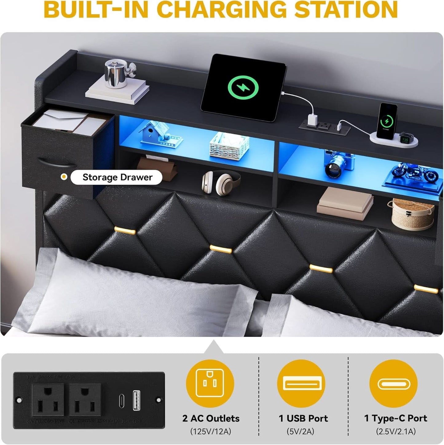 Queen Size Black Upholstered Bed Frame USB Charging