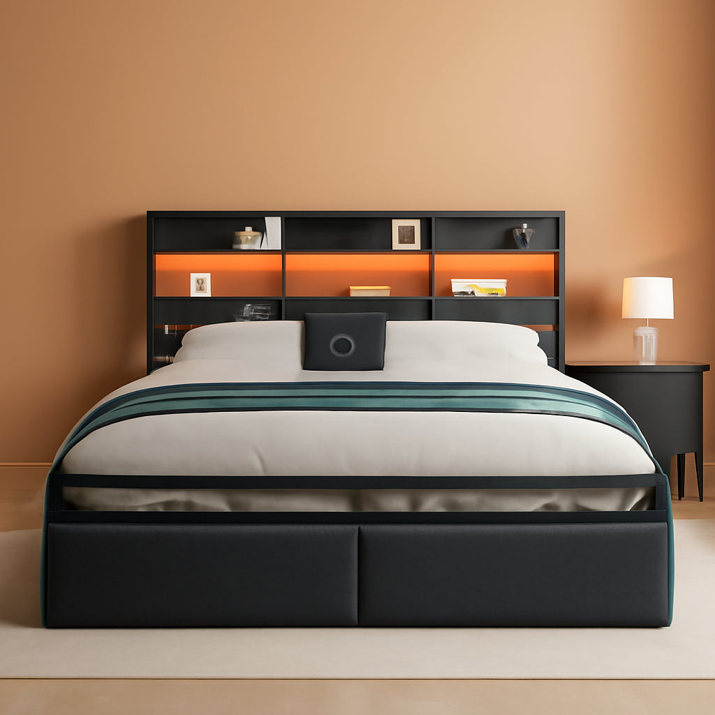 King Platform Bed Frame Black BuiltIn Storage Drawers