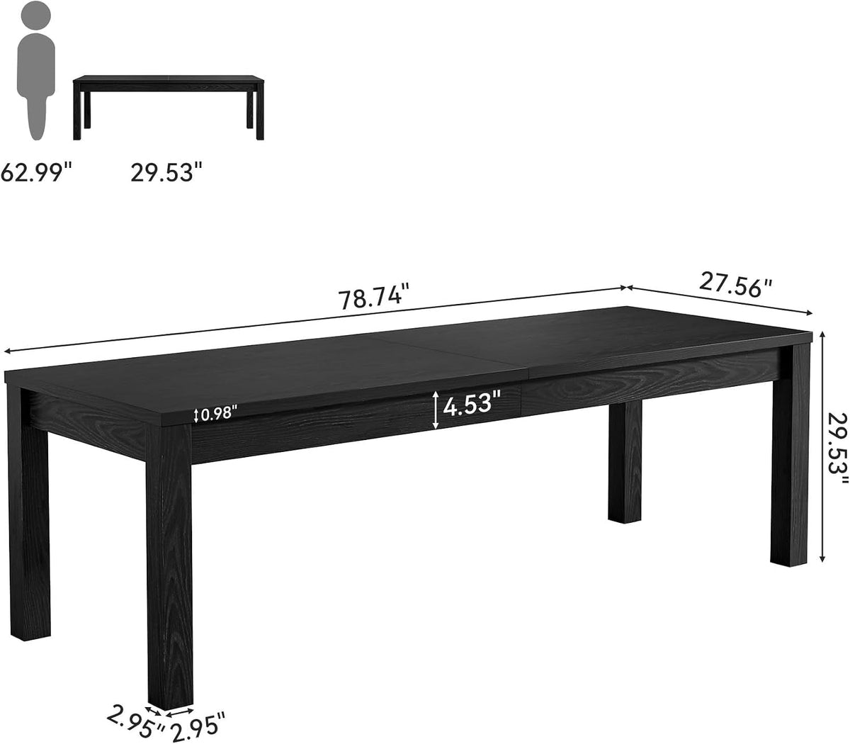 Solid Wood Black Farmhouse Rectangular Dining Table