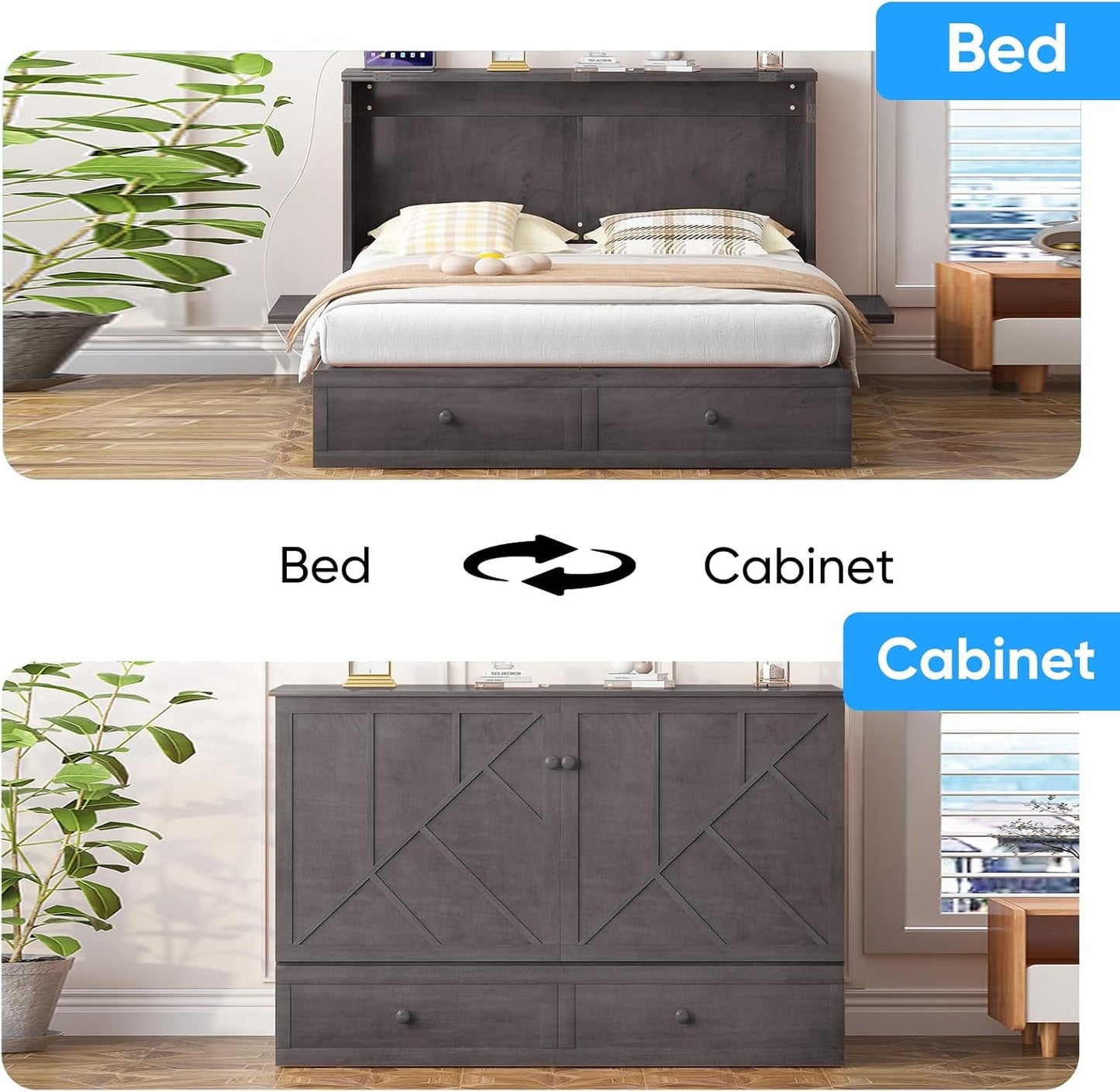 Gray Murphy Cabinet Bed Queen Multi Functional Mattress