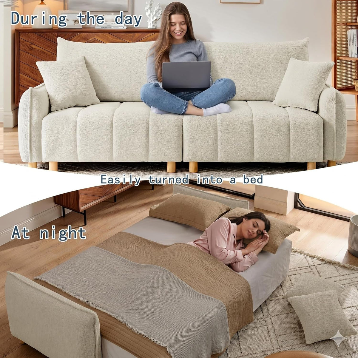 Cream Chenille Sleeper Sofa Bed With Expanded Storage