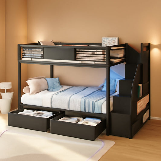 Black Full Over Full Bunk Bed LED Lighting Quality Durable
