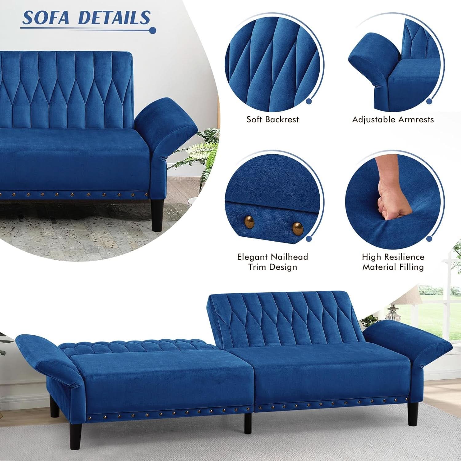77Inch Velvet Convertible Sofa Bed Featuring Armrests-3