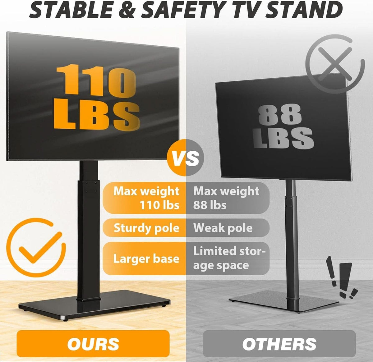 Black Floor TV Stand Tempered Glass Height Adjustable