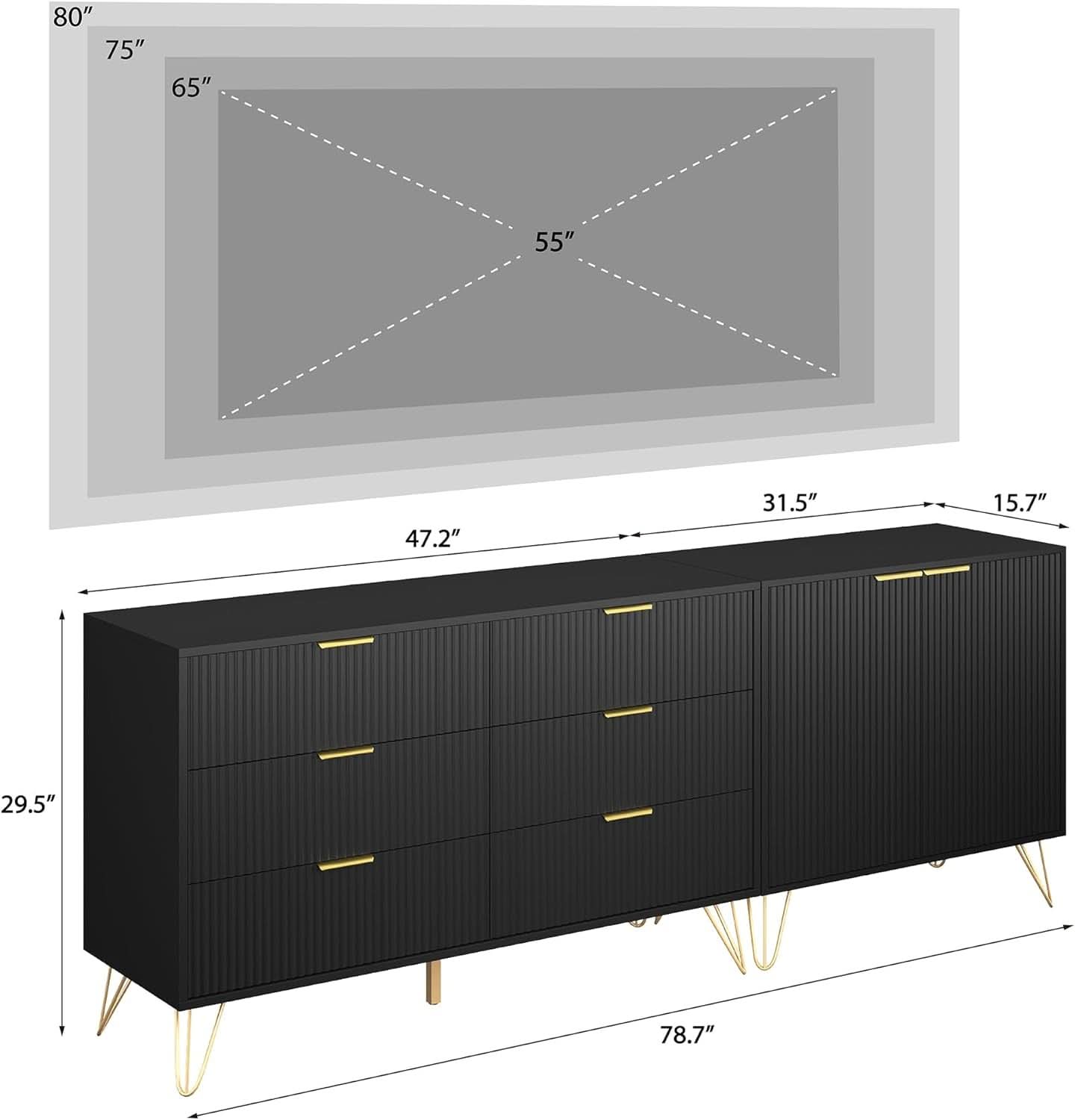 78 Inch TV Entertainment Stand Black With Fluted Shelves
