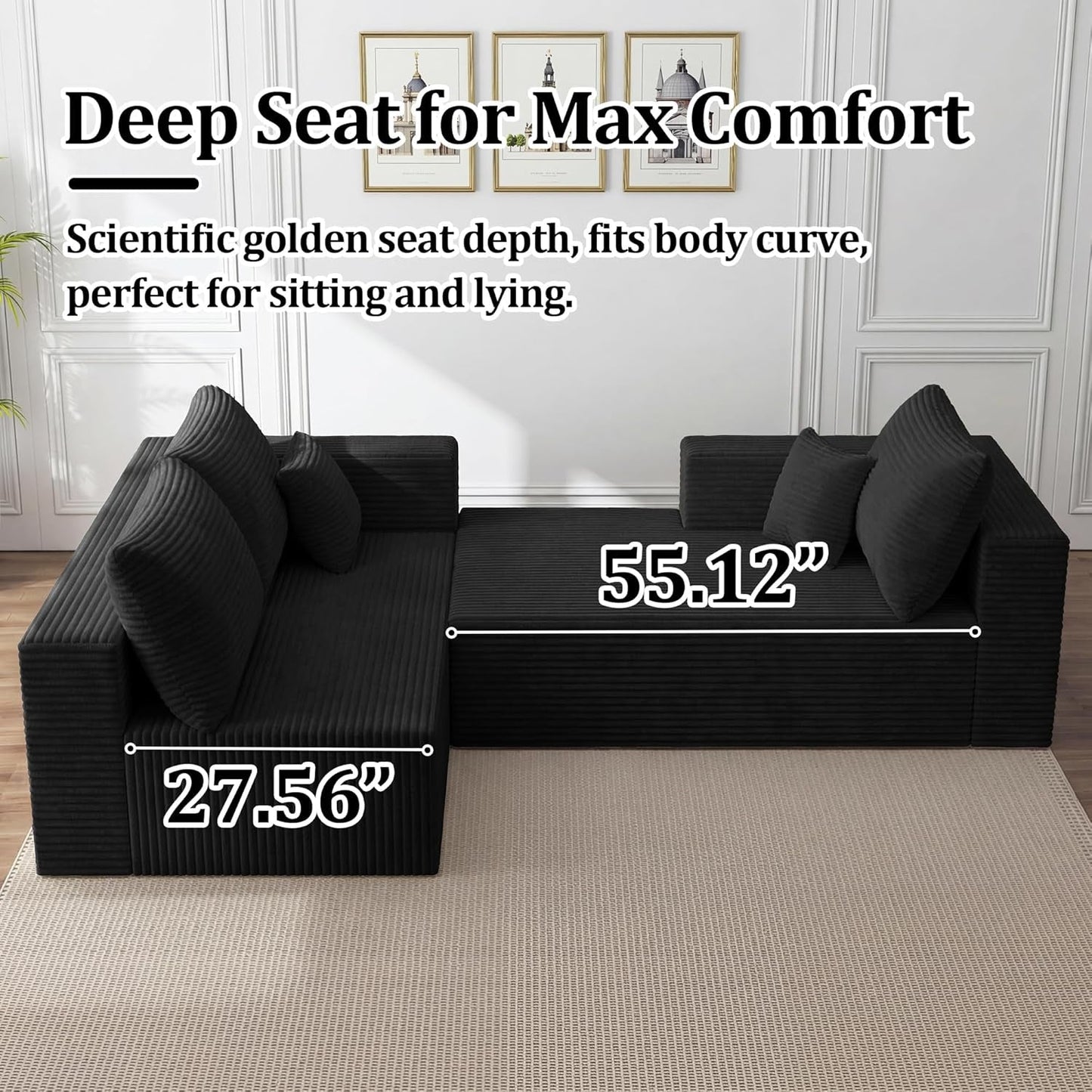 Black 92.5 Inch Modular Sectional Sofa Convertible