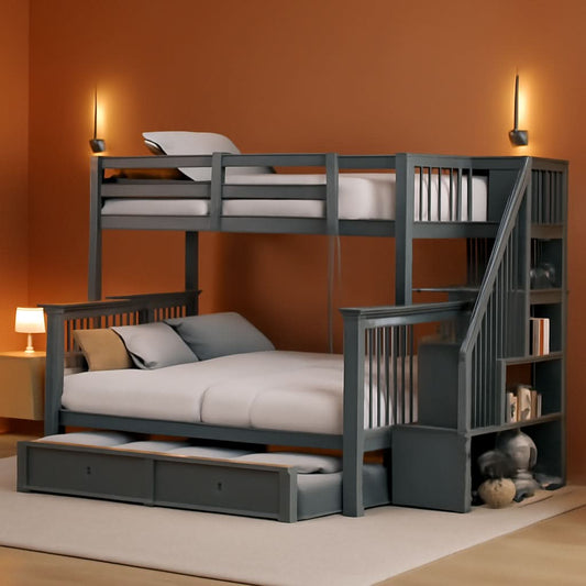Twin Over Full Bunk Bed With Trundle Storage Shelves Grey