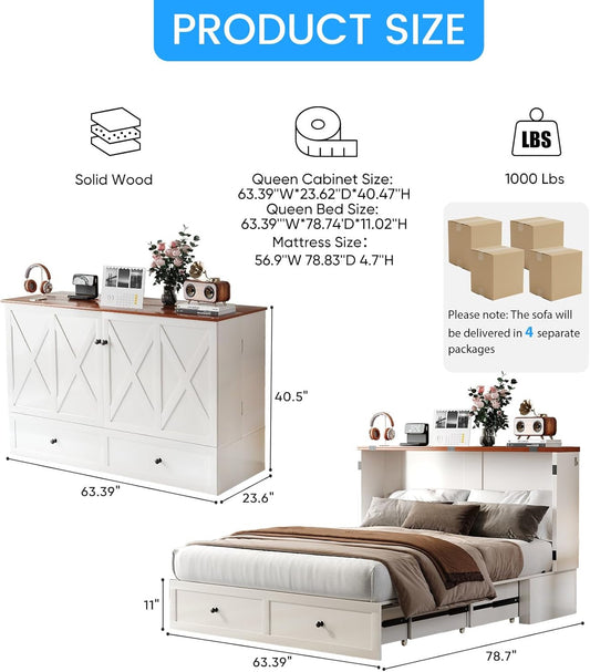 White Queen Murphy Cabinetry Bed Mattress Included