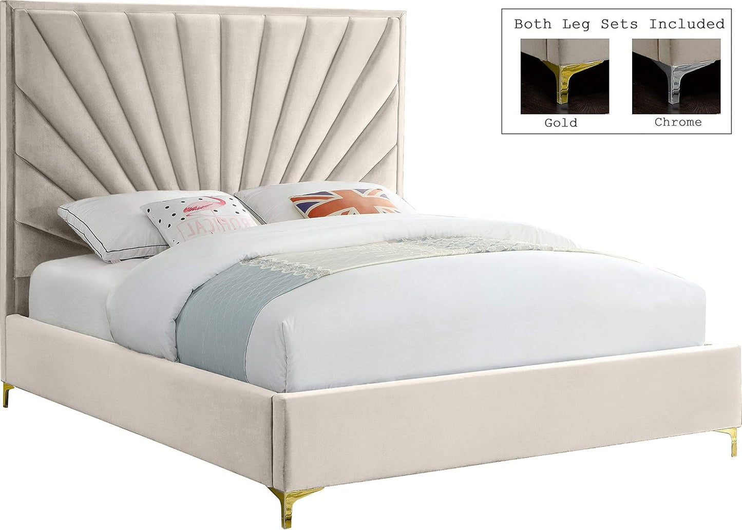 Cream Velvet Queen Platform Bed Upholstered Tufted