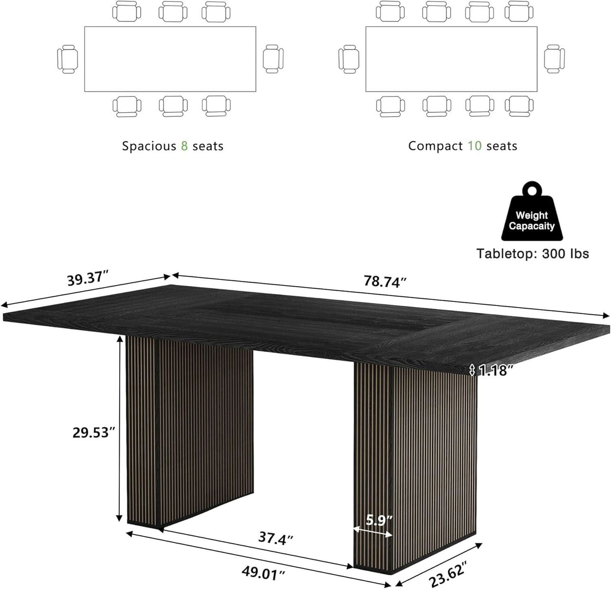 Dining Table 78 Inch Black Rectangular Farmhouse Kitchen