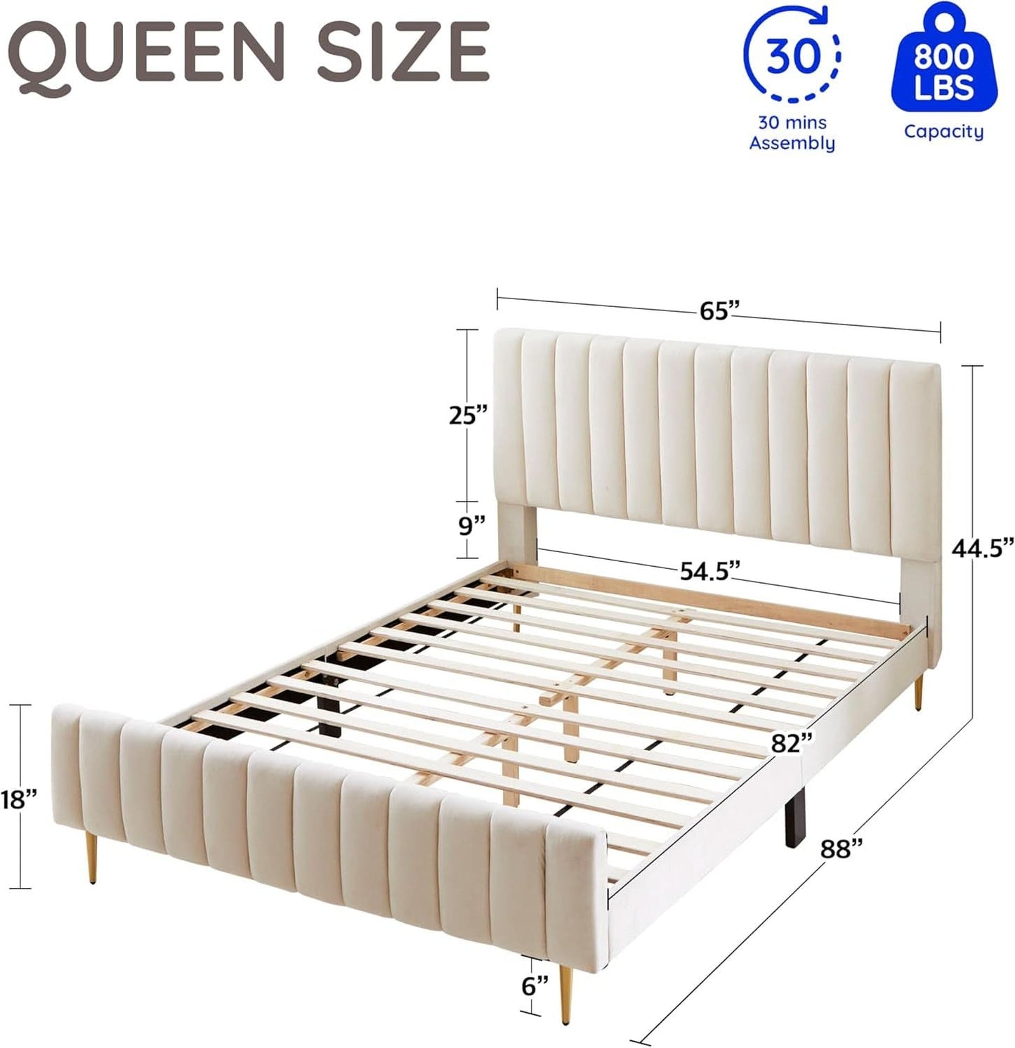 Queen Size Velvet Platform Bed With Ivory Upholstered Head board