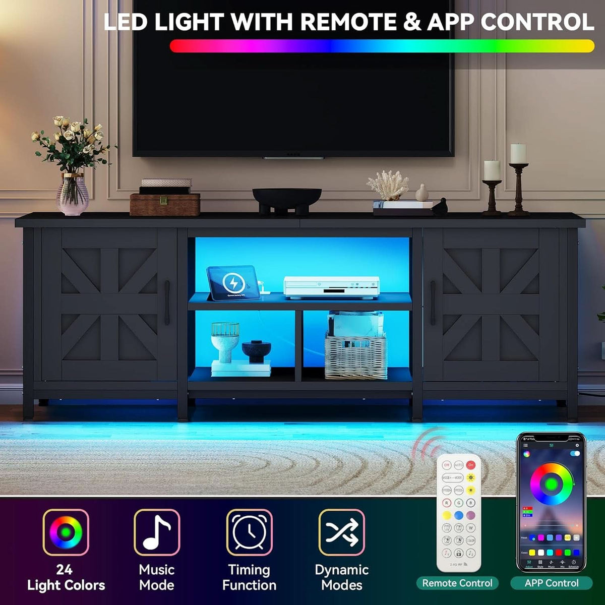 Black TV Stand With LED Lighting Entertainment Center