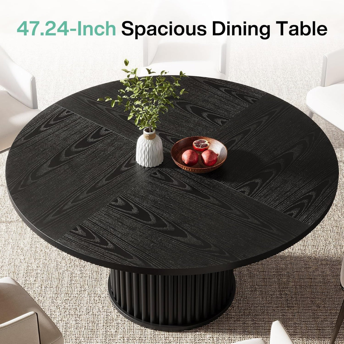 47.24-Inch Black Circular Dining Table Fluted Base