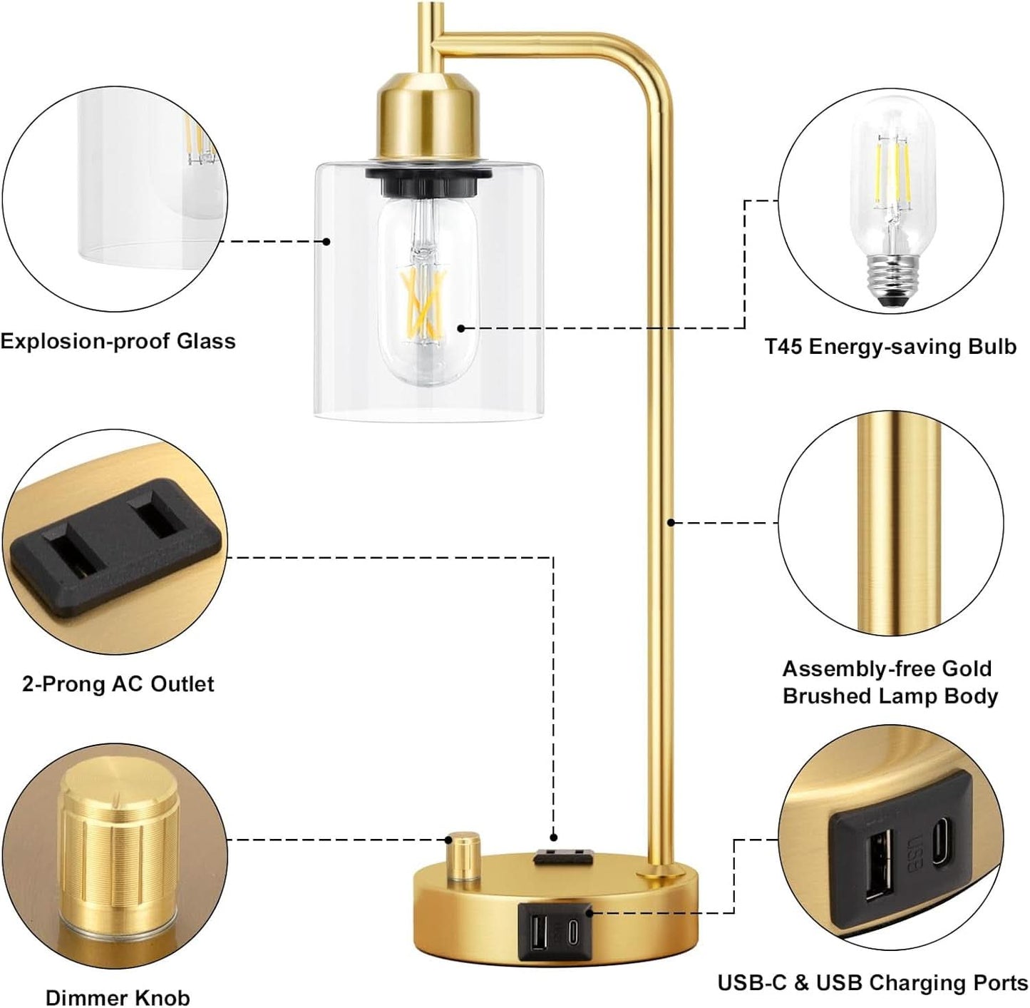Industrial Dimmable Table Lamps Gold Finish With USB Ports