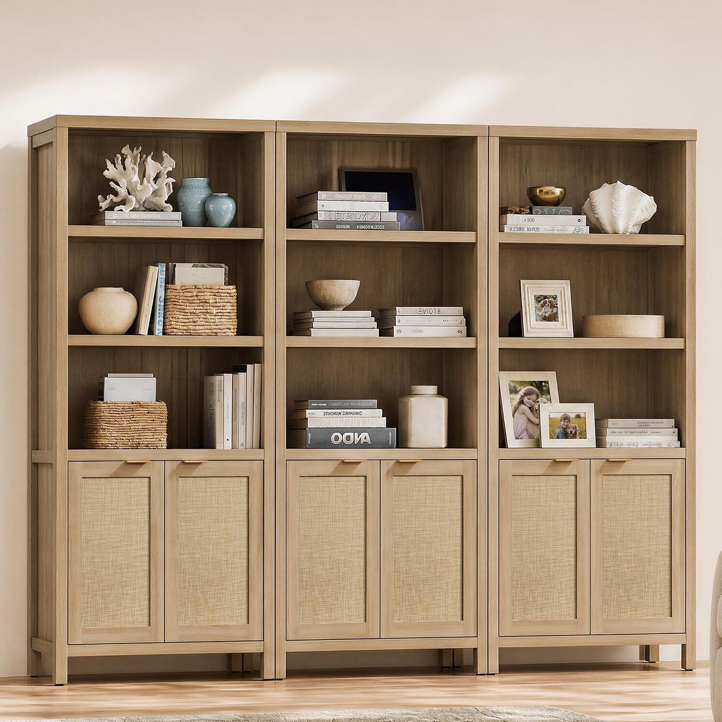 Tall Rattan Bookcase Featuring Five Adjustable Shelves