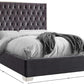 Grey Velvet Queen Bed Deep Tufted Chrome Finish Lux Leatherette