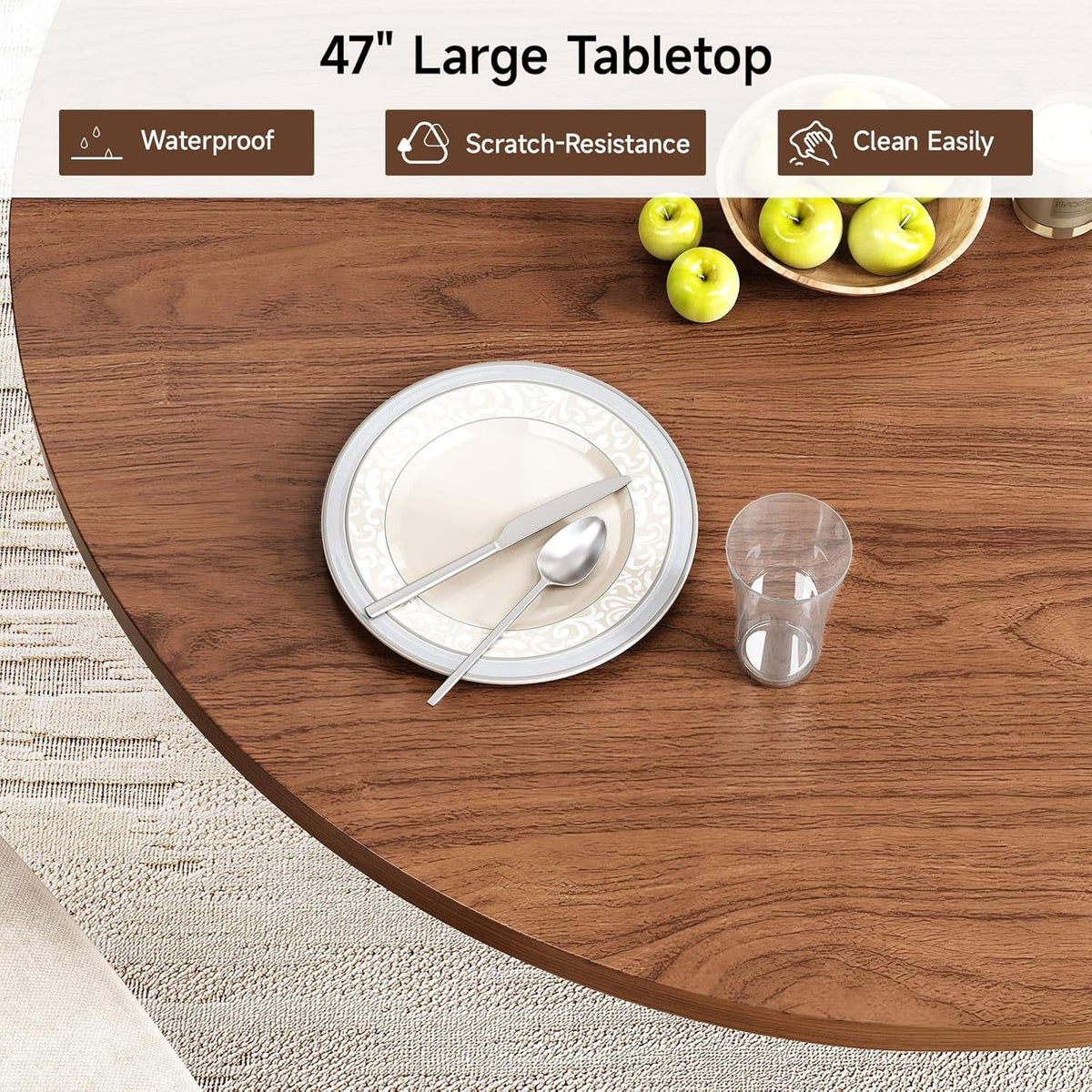 Circular Walnut Dining Table 47 Inch Storage Drawer