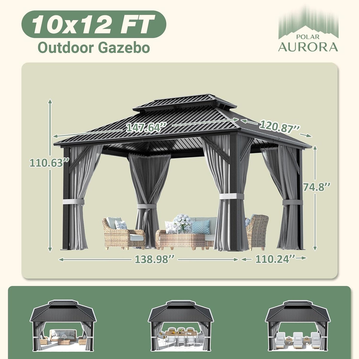 10x12 Outdoor Gazebo With Weatherproof Aluminum Frame