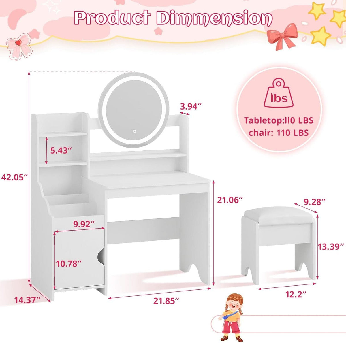 Kids Vanity Table Illuminated Ambient LED Lighting White