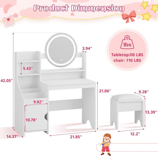 Kids Vanity Table Illuminated Ambient LED Lighting White