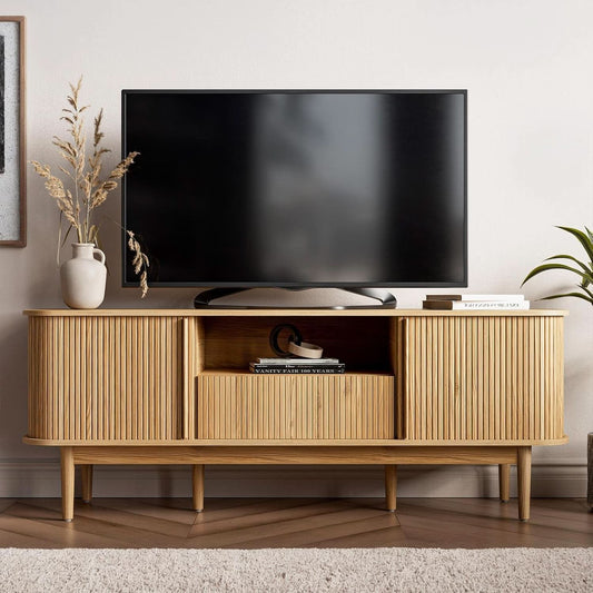 63 Inch Fluted Natural Wood TV Stand Entertainment Center