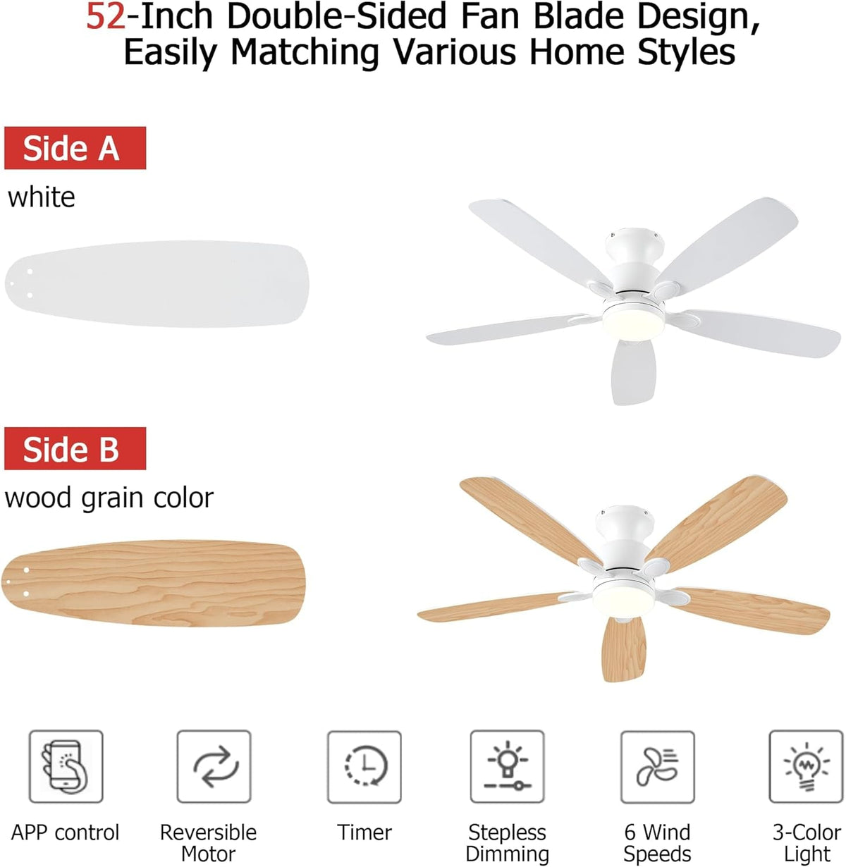 52Inch Brilliant White Ceiling Fan With LED Integrated Light