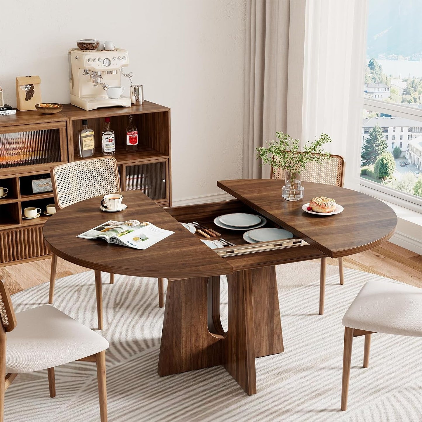 Extendable Farmhouse Dining Table Dark Walnut Finish