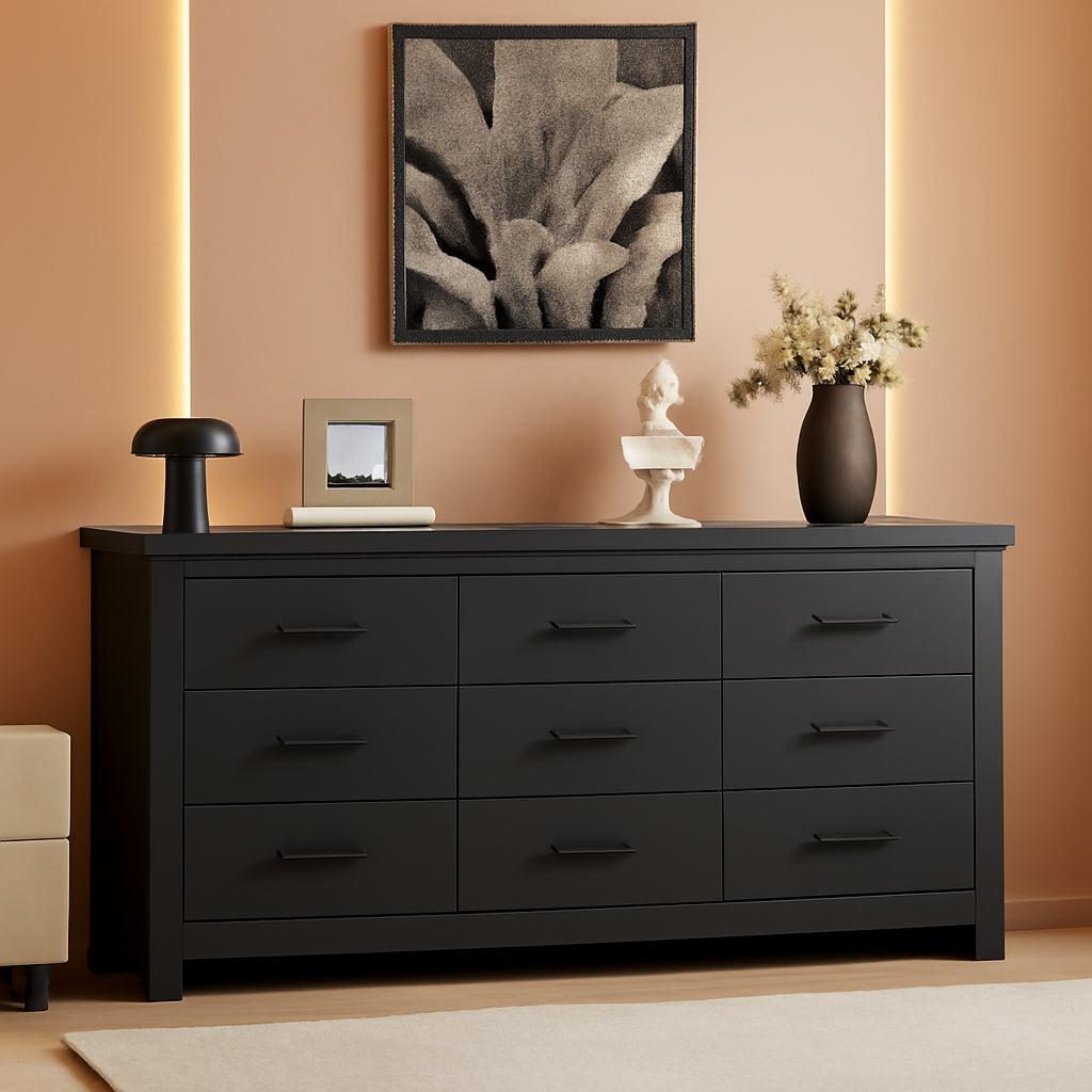 Black Vintage Ornate Solid Wood Dresser With Nine Drawers-0
