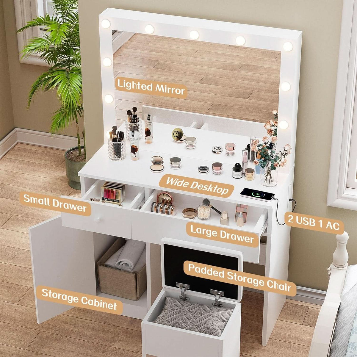 White Multifunctional Vanity Desk With LED Illumination