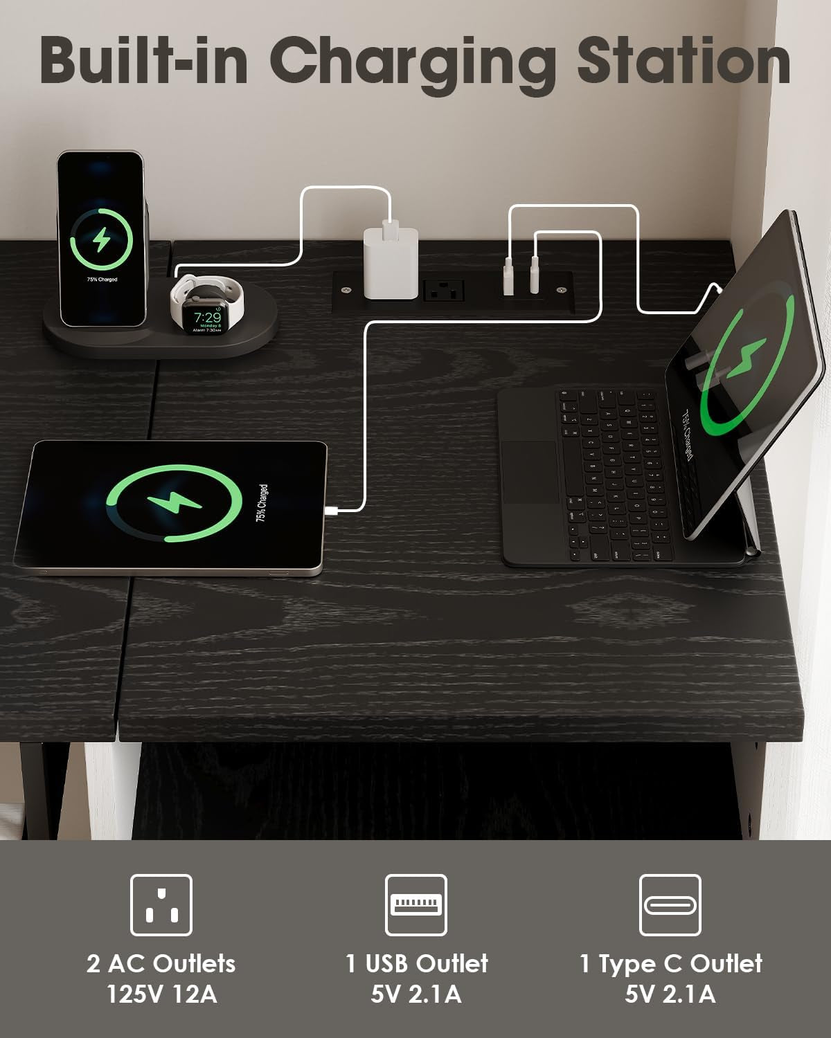 White Farmhouse L Shaped Desk With USB Charging 59 Inch Desk