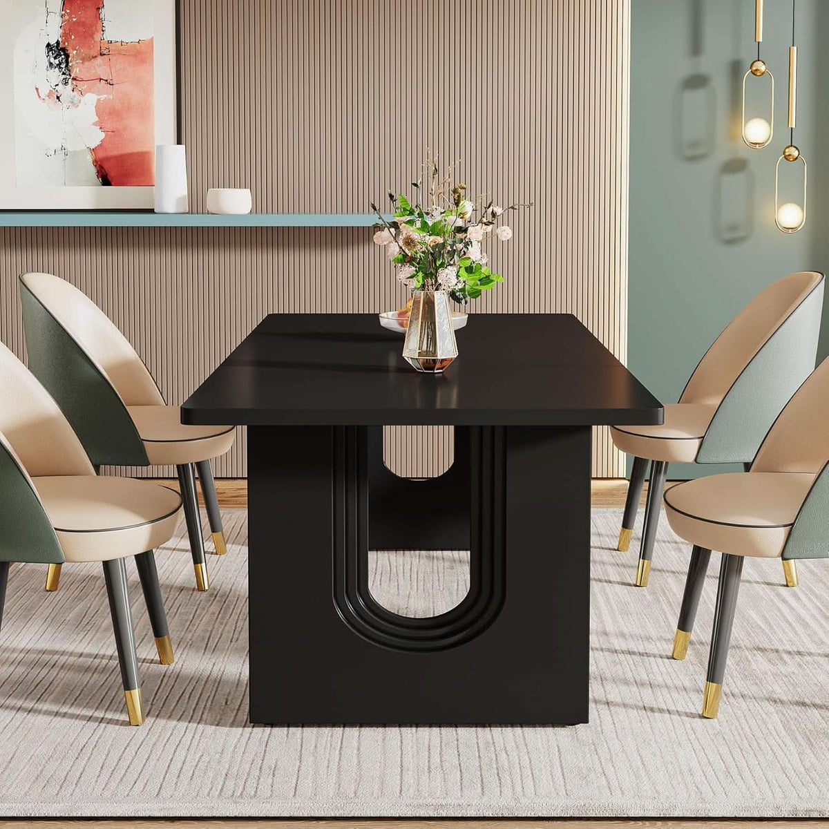 Black 71 Inch Dining Table For Six With Wood Pedestal