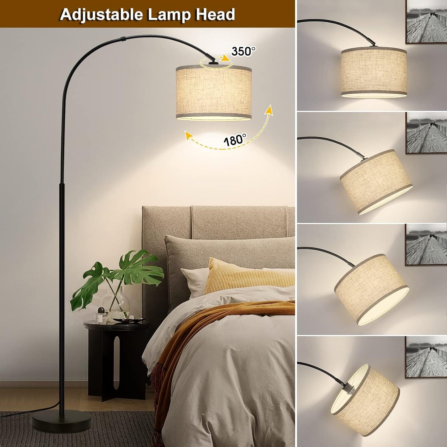 Matte Black Arc Floor Lamp With Adjustable Shade Living Room-2