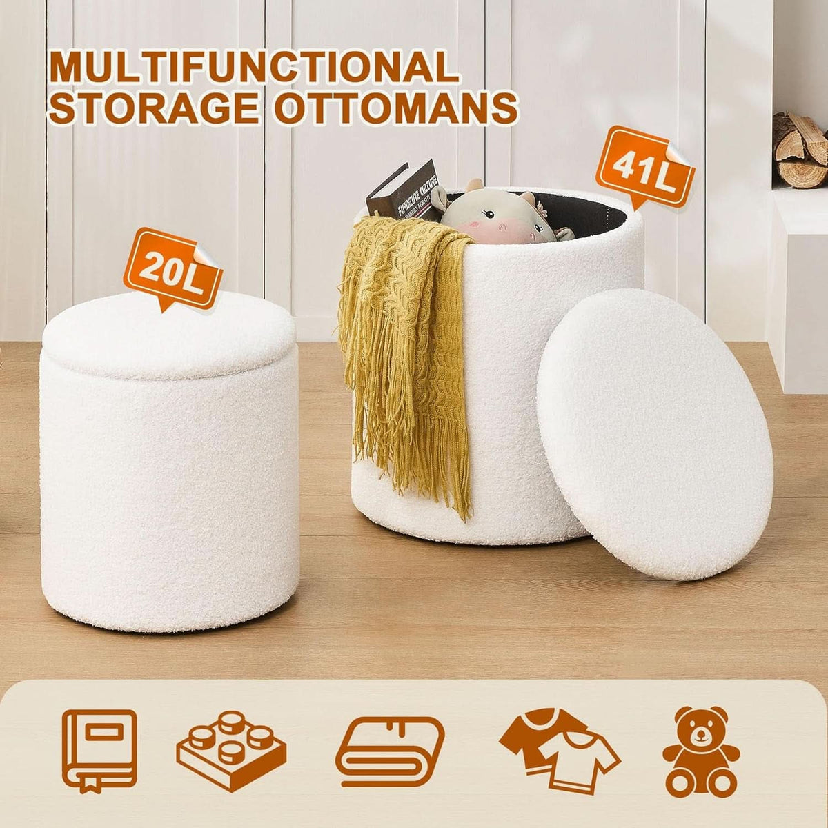 White Round Boucle Velvet Upholstered Storage Ottoman