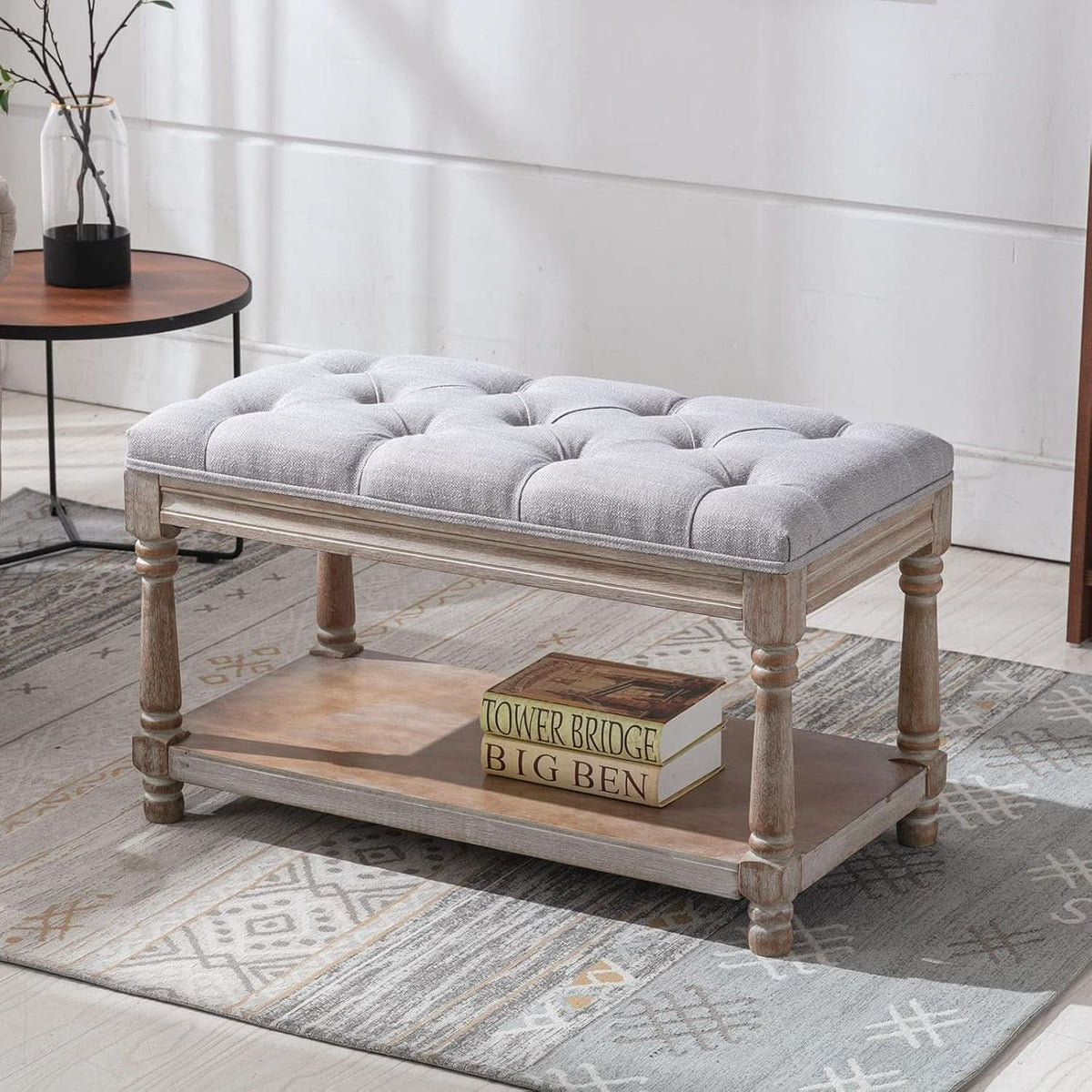 Grey Tufted Upholstered Storage Ottoman Bench Shelf