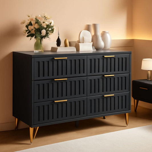 Fluted Stainlesssteel Dresser Six Drawer Black Mattefinish