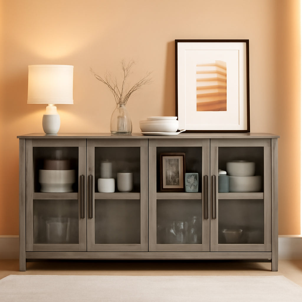 Fifty Five Inch Grey Buffet Cabinet Glass Doors Storage