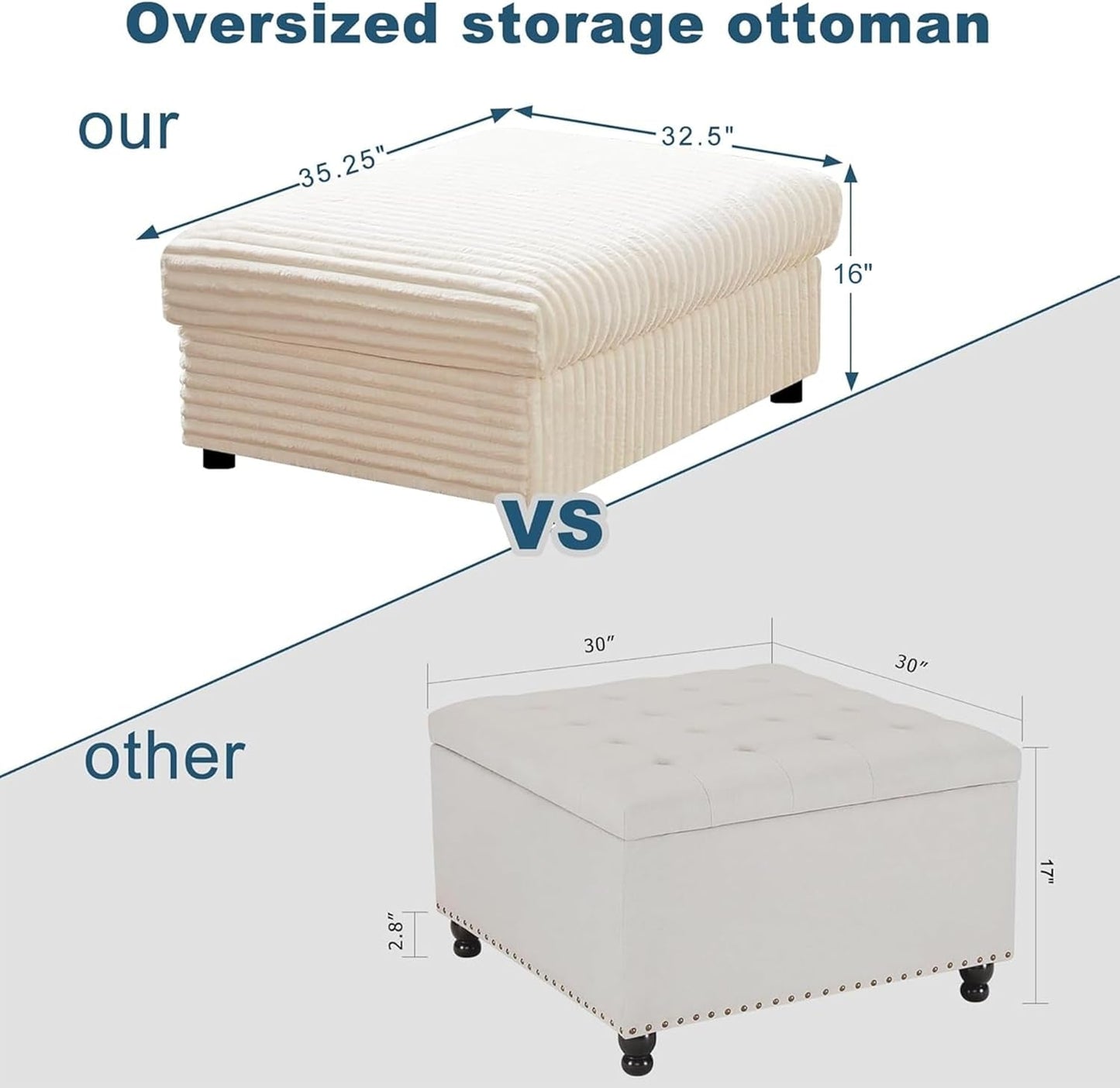 Beige Corduroy Storage Ottoman With Hidden Compartment
