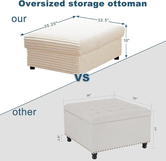 Corduroy Storage Ottoman Beige Cushioned Living Room