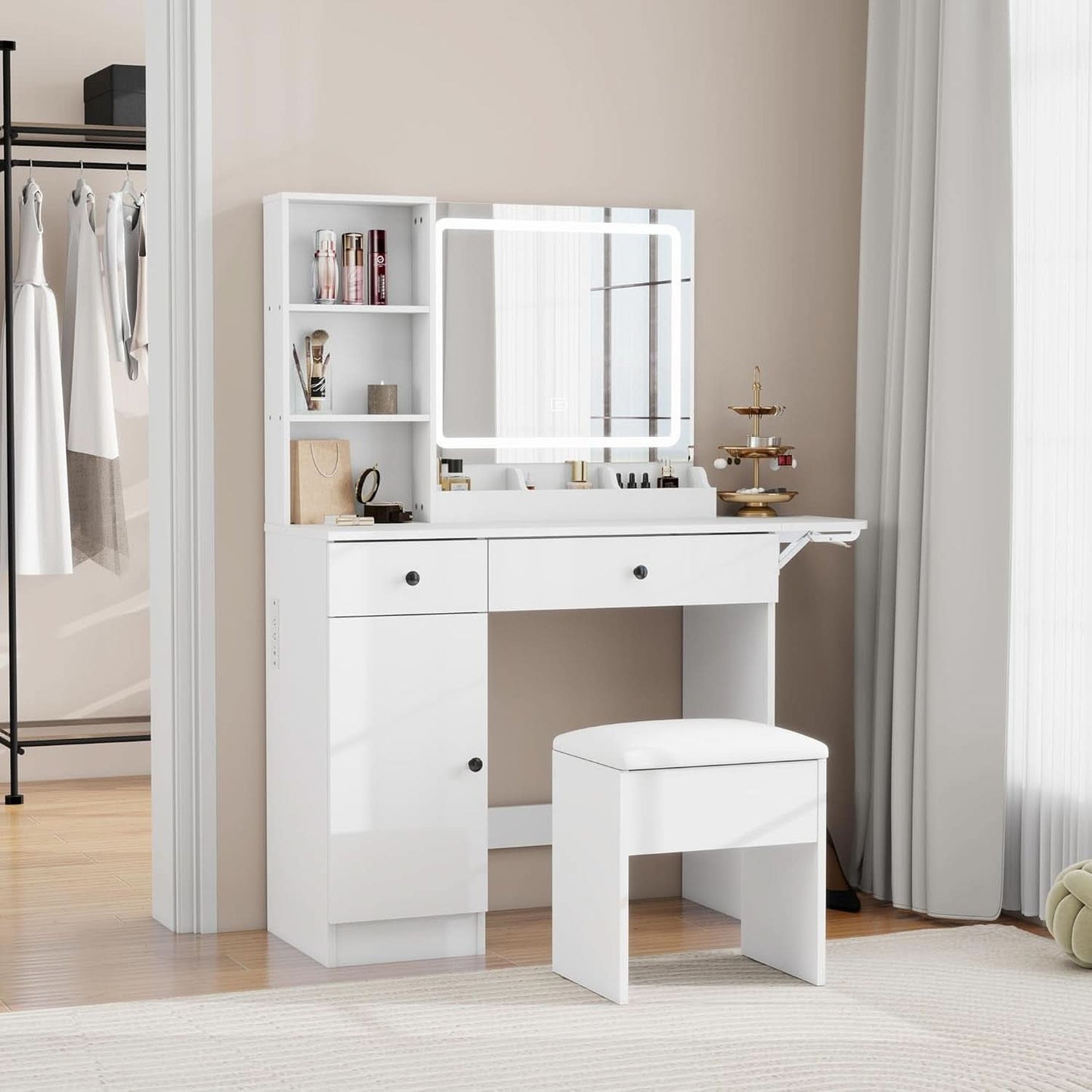 Vanity Desk Set White With Illuminated Mirror With LED
