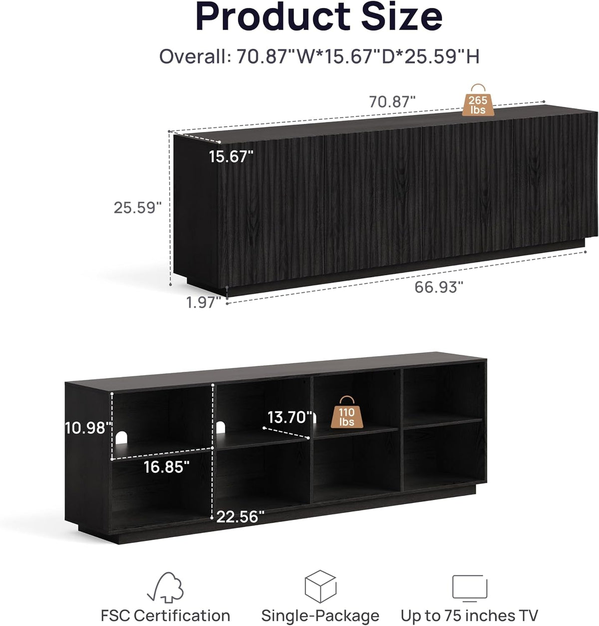 Minimalist Matte Black Fluted Mid Century Sideboard