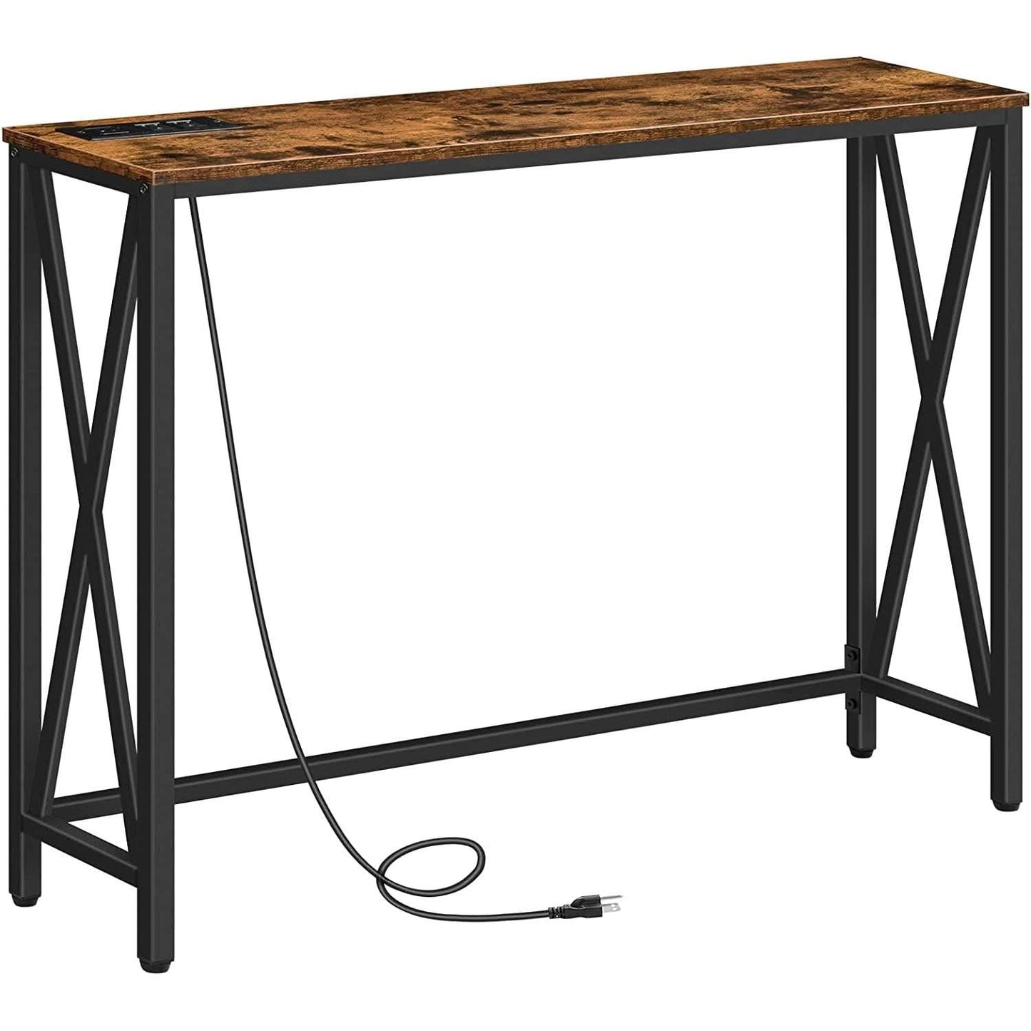 Rustic Brown Sofa Table With Power Outlet And USB Ports