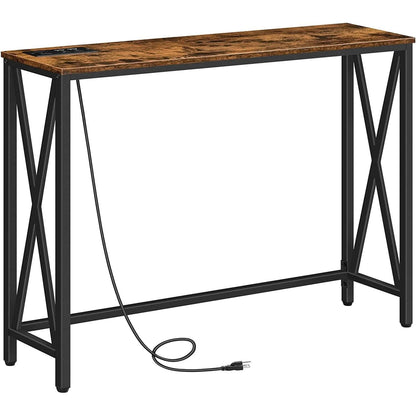 Rustic Brown Sofa Table With Power Outlet And USB Ports