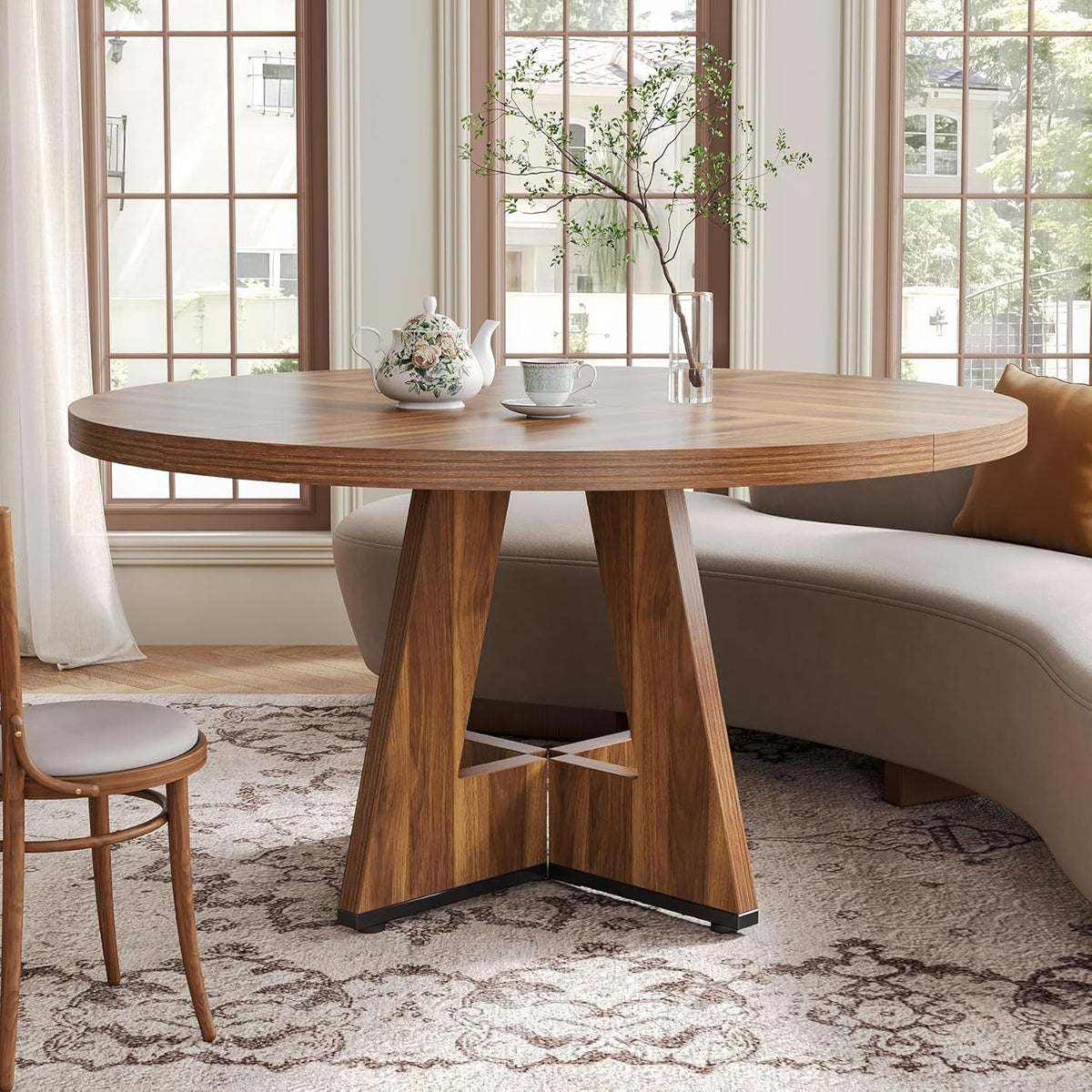Circular Dining Table 47 Inches Brown Pedestal Base