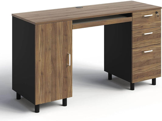 Walnut 53 Inches Workstation Desk Lockable Drawers
