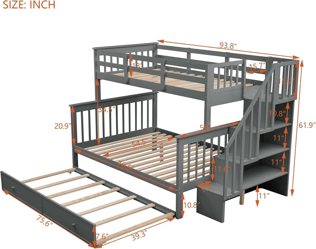 Twin Over Full Bunk Bed With Trundle Storage Shelves Grey