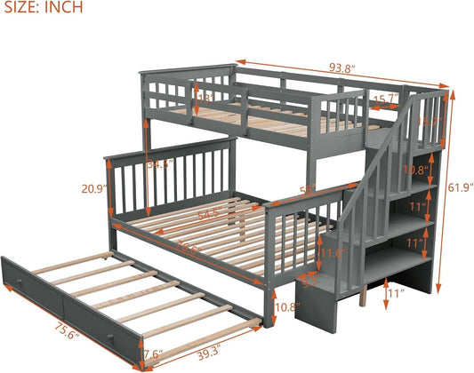 Twin Over Full Bunk Bed With Trundle Storage Shelves Grey
