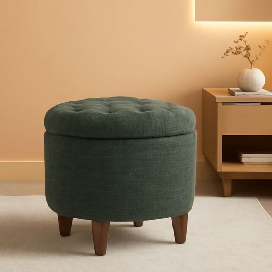 Green Clover Upholstered Round Tufted Ottoman Storage