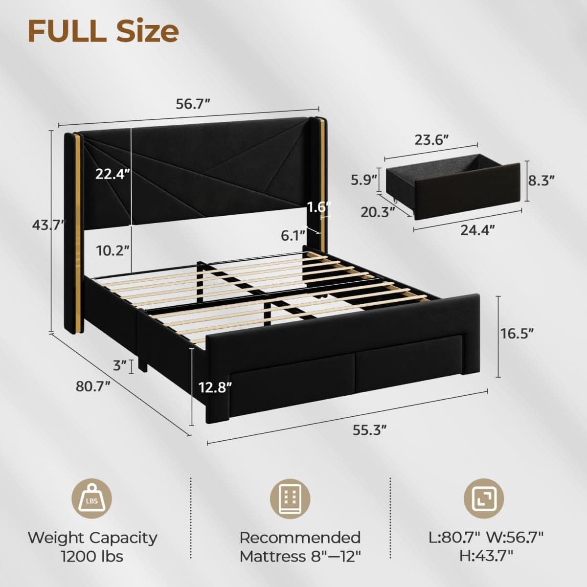 FullSize Velvet Upholstered Bed Frame With Drawers